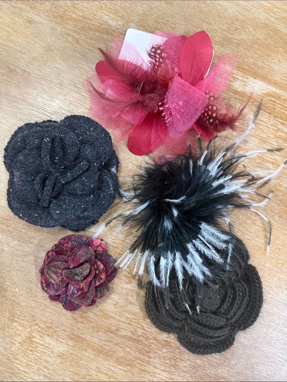 Lot of 4 Floral & Feather Hair Accessories / Brooch Pins - Camellia Style